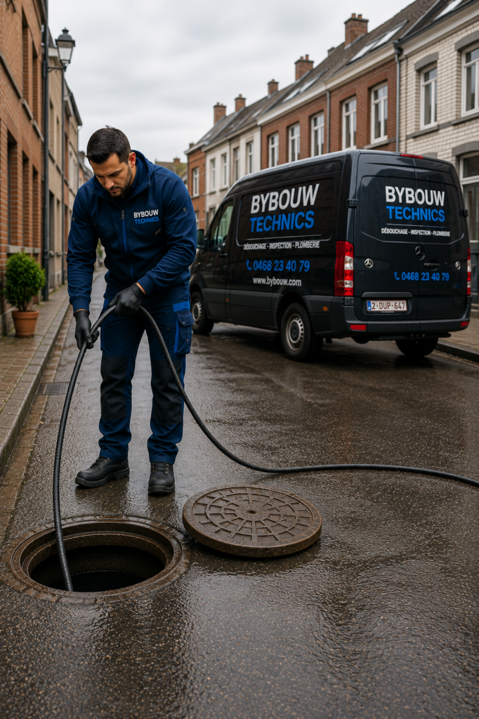 Technicien Bybouw Technics réalisant un débouchage de canalisations avec un équipement professionnel devant son véhicule d'intervention à Bruxelles et Halle.