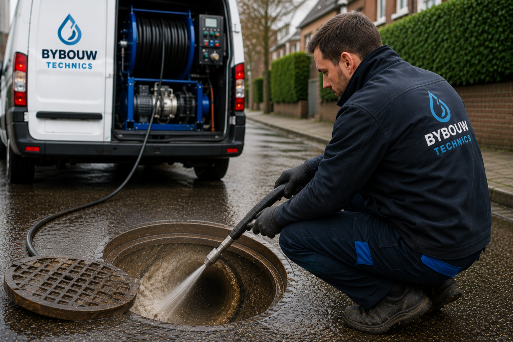 Technicien Bybouw Technics réalisant un curage complet des canalisations à l'aide d'une buse haute pression pour nettoyer les parois internes.