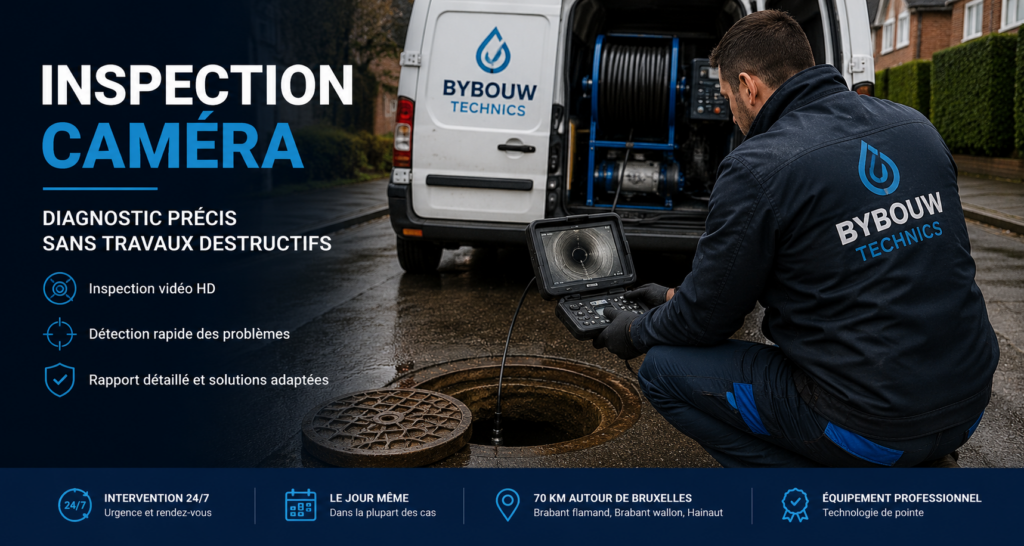 Technicien Bybouw Technics réalisant une inspection caméra des canalisations avec une caméra HD pour détecter un bouchon ou une fuite.