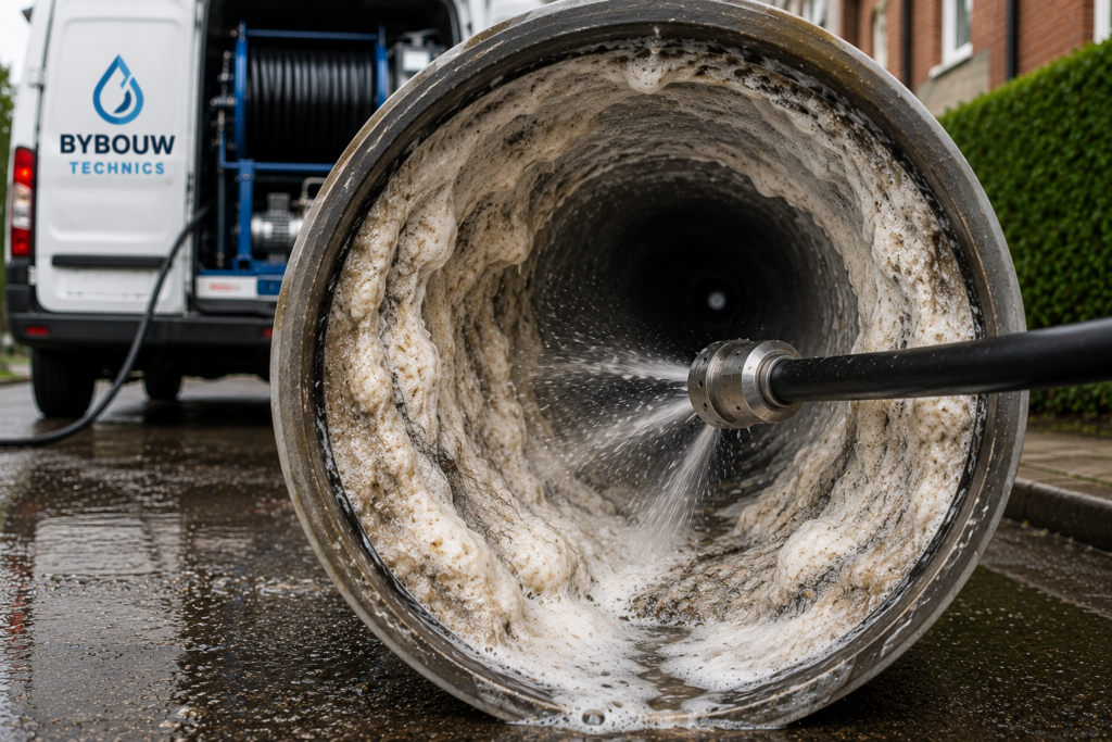 Dépôts de savon, cheveux et résidus organiques dans une canalisation éliminés par curage haute pression réalisé par Bybouw Technics.