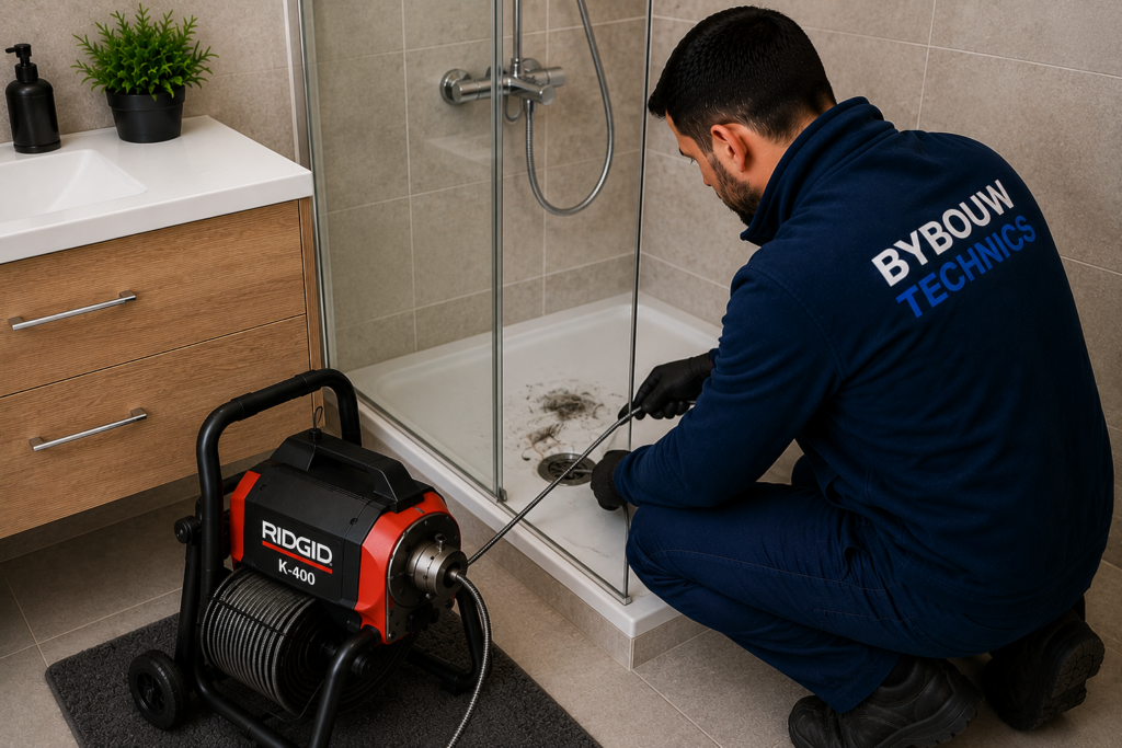 Technicien Bybouw Technics débouchant une évacuation de douche à l'aide d'une machine professionnelle pour éliminer un bouchon causé par des cheveux et des résidus de savon.