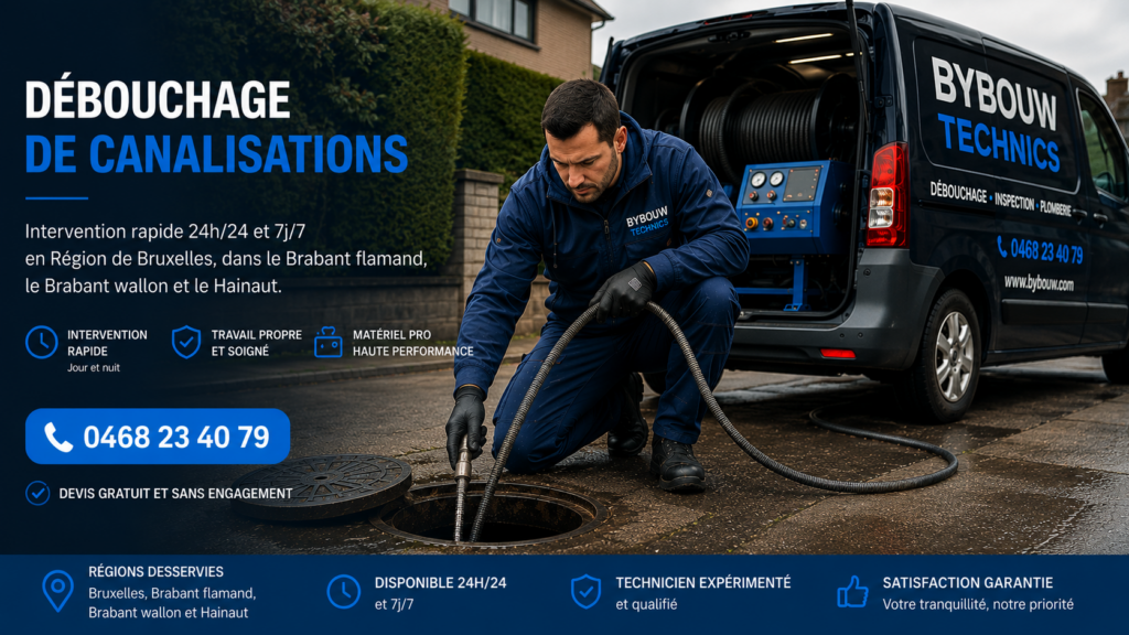 Technicien Bybouw Technics réalisant un débouchage de canalisations avec un équipement professionnel en Région de Bruxelles, Brabant flamand, Brabant wallon et Hainaut.