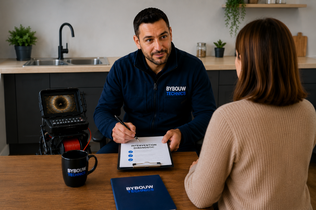 Technicien Bybouw Technics échangeant avec une cliente avant un diagnostic de canalisation, avec un équipement d'inspection caméra professionnel en arrière-plan.