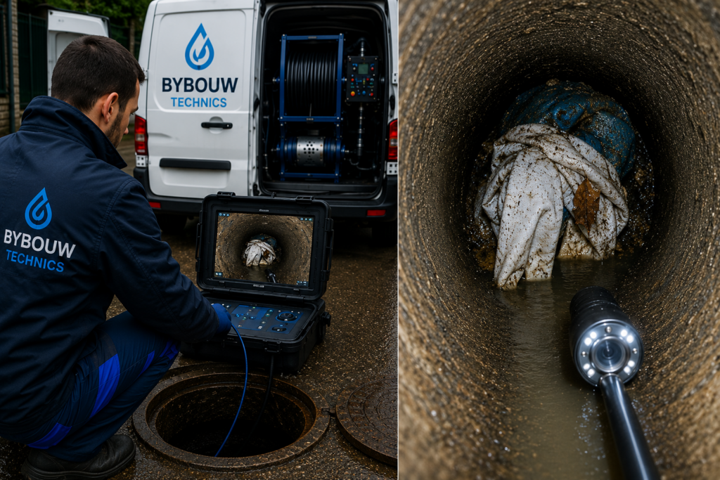 Technicien Bybouw Technics réalisant une inspection caméra pour localiser un objet coincé dans une canalisation avant son extraction.