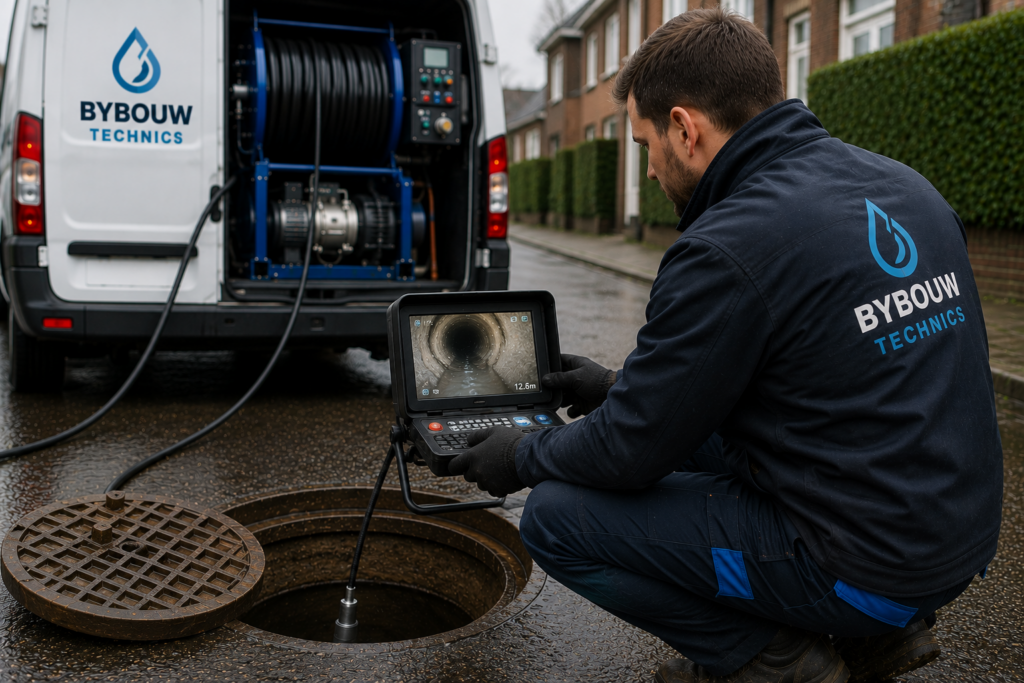 Technicien Bybouw Technics contrôlant l'état d'une canalisation à l'aide d'une caméra d'inspection après un curage haute pression.