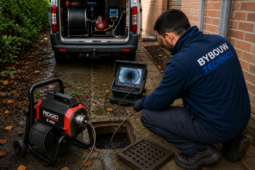 Technicien Bybouw Technics débouchant une canalisation extérieure depuis un regard d'égout avec une machine professionnelle et une caméra d'inspection.