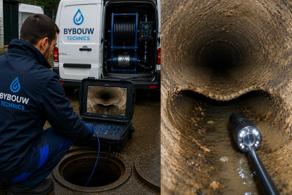 Technicien Bybouw Technics réalisant une inspection caméra révélant un affaissement de canalisation provoquant une stagnation d'eau et une accumulation de déchets.