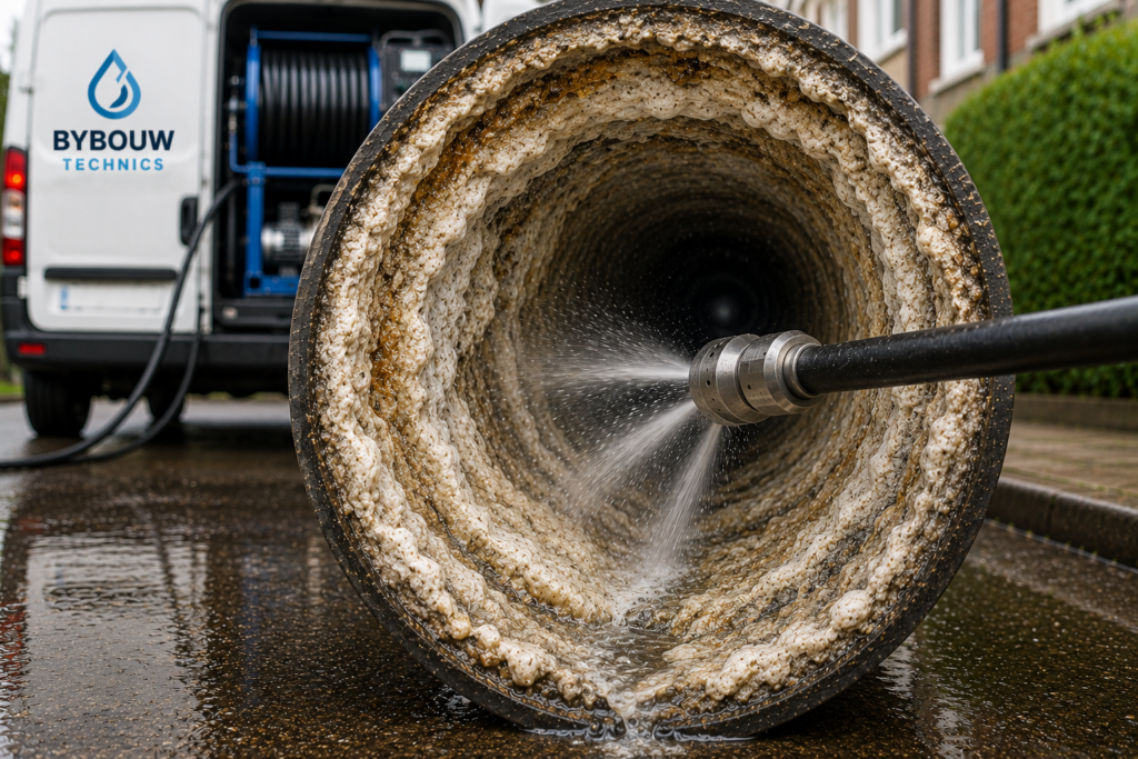 Dépôts de calcaire à l'intérieur d'une canalisation éliminés grâce à un curage haute pression réalisé par Bybouw Technics à Bruxelles.