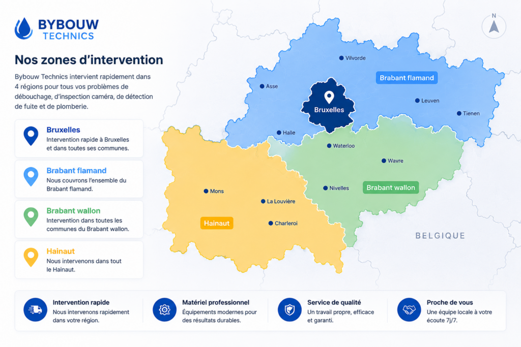 Carte des zones d'intervention de Bybouw Technics couvrant Bruxelles, le Brabant flamand, le Brabant wallon et le Hainaut pour les services de débouchage, d'inspection caméra, de détection de fuite et de plomberie.