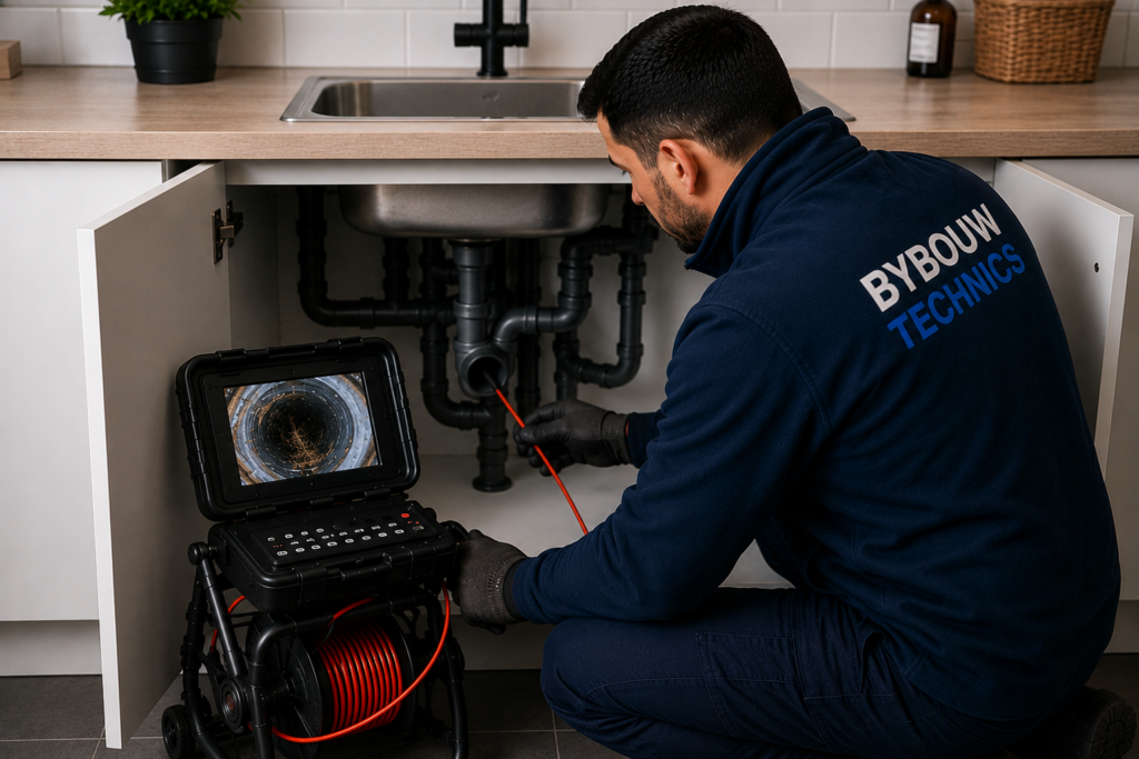 Technicien Bybouw Technics réalisant une inspection caméra afin d'identifier la cause d'un bouchon récurrent dans une canalisation.