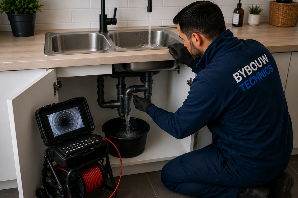 Technicien Bybouw Technics vérifiant le bon écoulement de l'eau sous un évier après un débouchage de canalisation, avec une caméra d'inspection professionnelle à proximité.