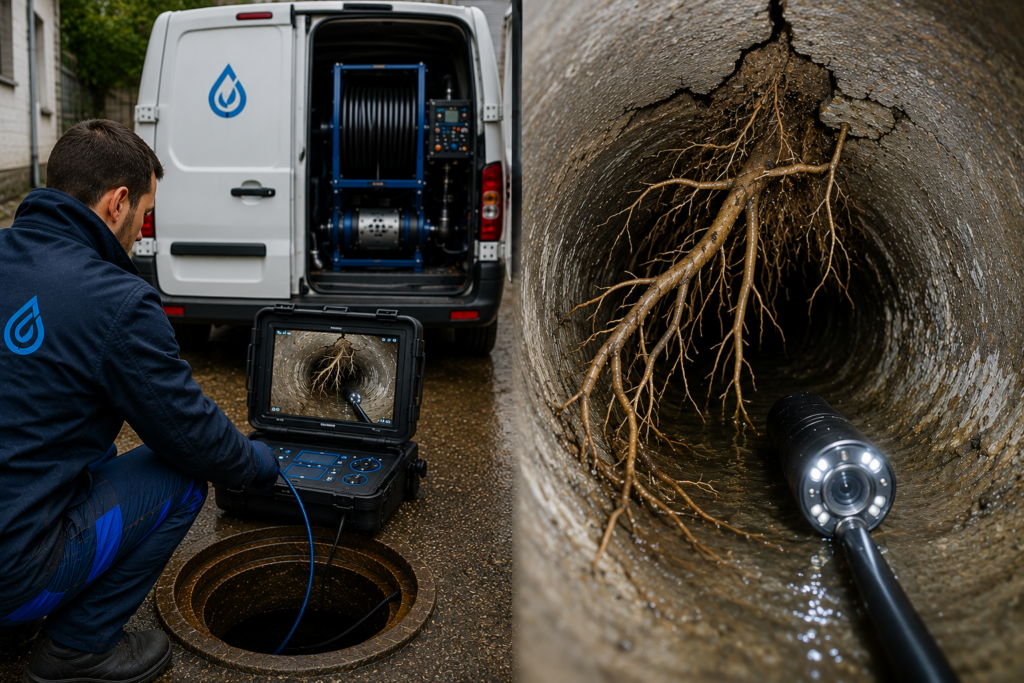 Technicien Bybouw Technics réalisant une inspection professionnel caméra révélant des racines ayant pénétré dans une canalisation fissurée.