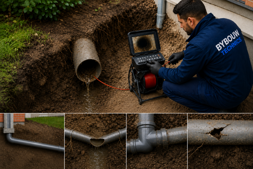 Technicien Bybouw Technics inspectant une canalisation extérieure ouverte à l'aide d'une caméra d'inspection afin d'identifier l'origine d'une obstruction.