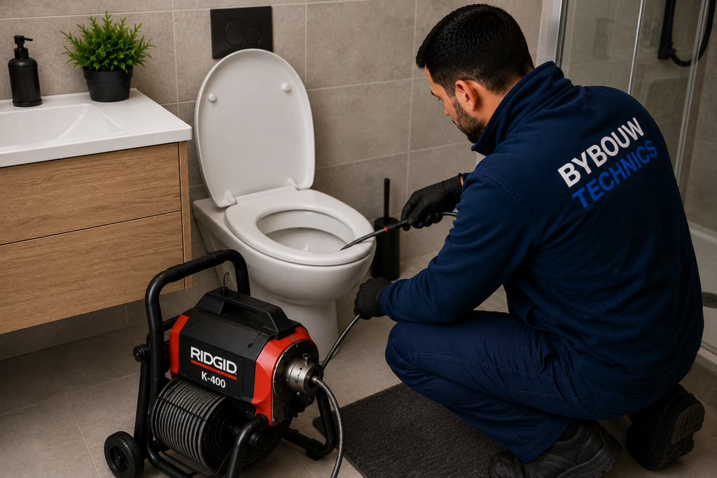 Technicien Bybouw Technics débouchant des toilettes à l'aide d'une machine professionnelle afin d'éliminer un bouchon sans endommager les installations.