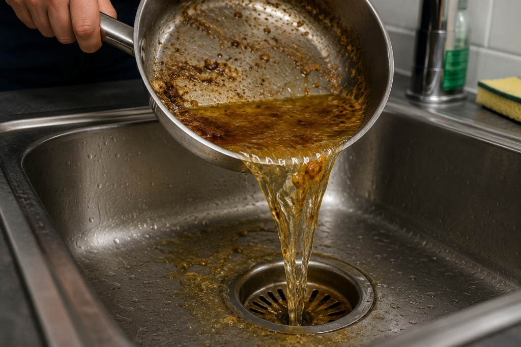 Graisse de cuisson versée dans un évier de cuisine, illustrant l'une des principales causes de bouchons dans les canalisations.