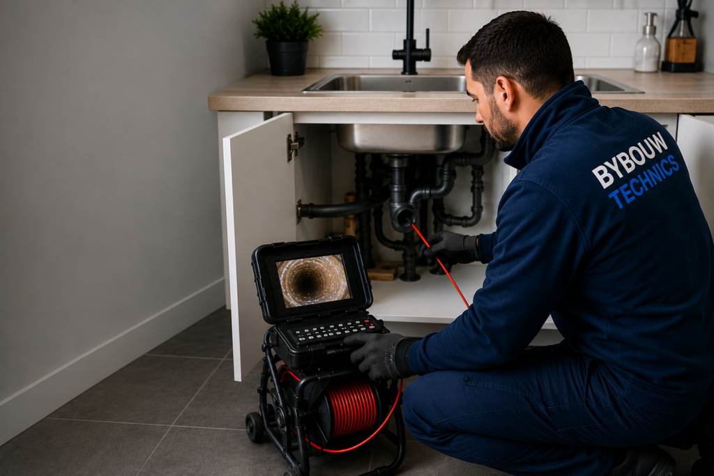 Technicien Bybouw Technics inspectant une canalisation sous un évier à l'aide d'une caméra d'inspection afin d'analyser l'installation avant toute intervention.
