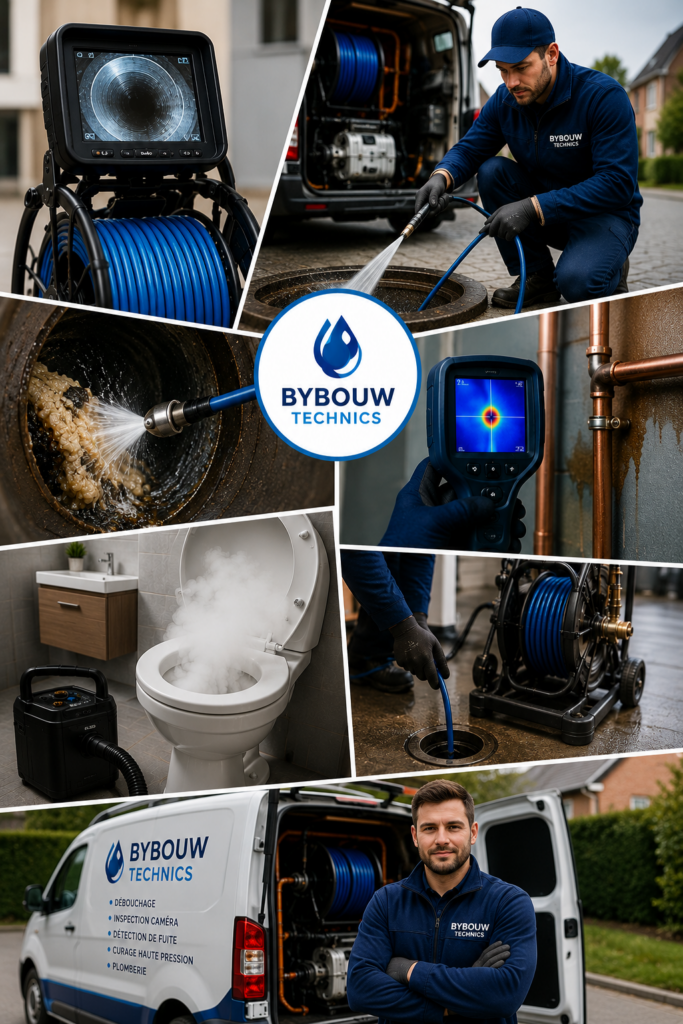Montage illustrant les principaux services de Bybouw Technics : débouchage de canalisations, curage haute pression, inspection caméra, détection de fuite, détection des mauvaises odeurs et travaux de plomberie.