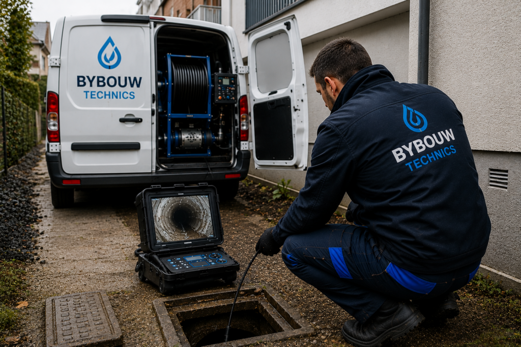Technicien Bybouw Technics réalisant une inspection caméra des canalisations avec une caméra HD afin de localiser précisément un bouchon ou une anomalie.