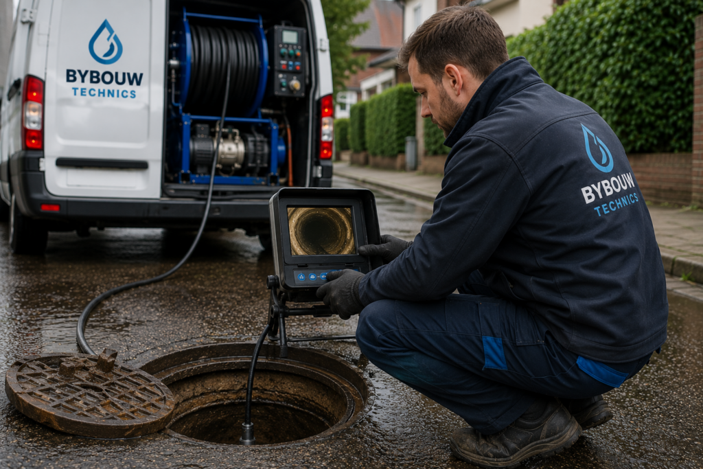Technicien Bybouw Technics analysant l'état d'une canalisation à l'aide d'une caméra d'inspection avant un curage haute pression.