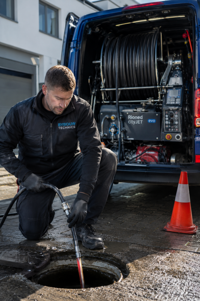 Technicien Bybouw Technics en intervention avec un équipement professionnel de débouchage