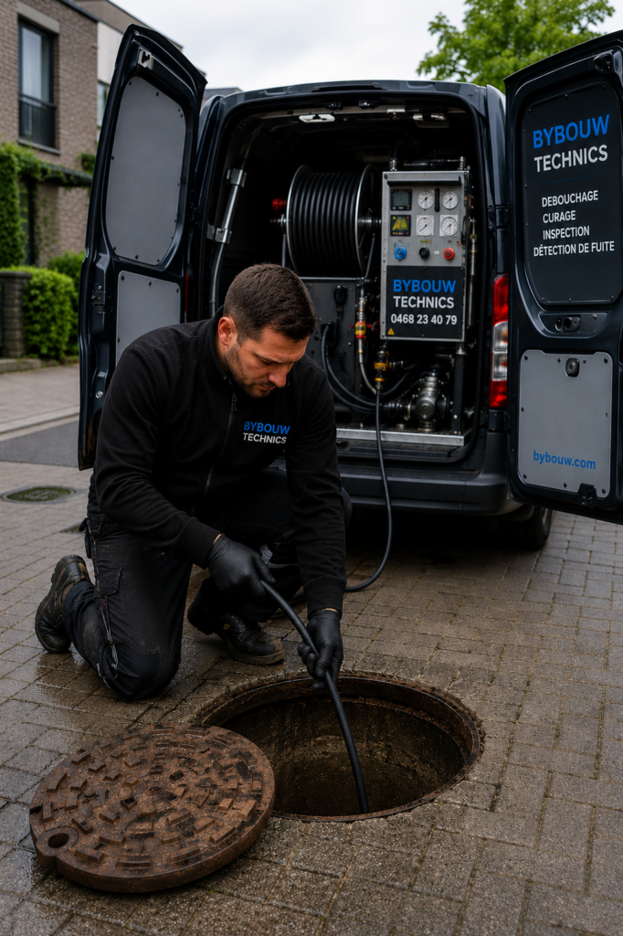 Technicien Bybouw Technics réalisant une intervention de débouchage avec un véhicule équipé