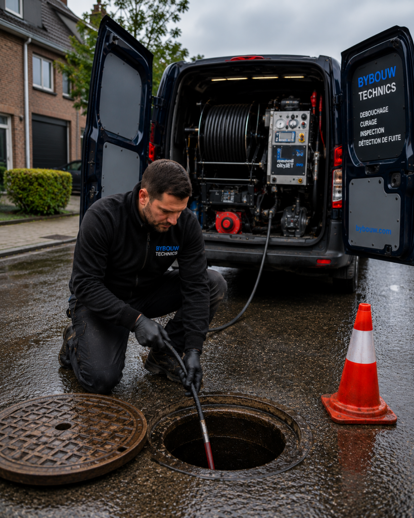 Technicien Bybouw Technics réalisant un débouchage de canalisations à Bruxelles