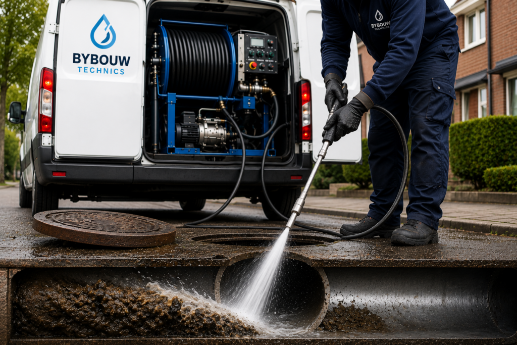 Technicien Bybouw Technics réalisant un curage haute pression des canalisations pour éliminer les dépôts et améliorer durablement l'écoulement des eaux usées.