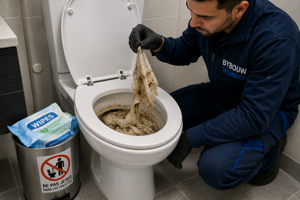 Technicien Bybouw Technics retirant des lingettes coincées dans une cuvette de toilettes, illustrant l'une des principales causes de canalisations bouchées.