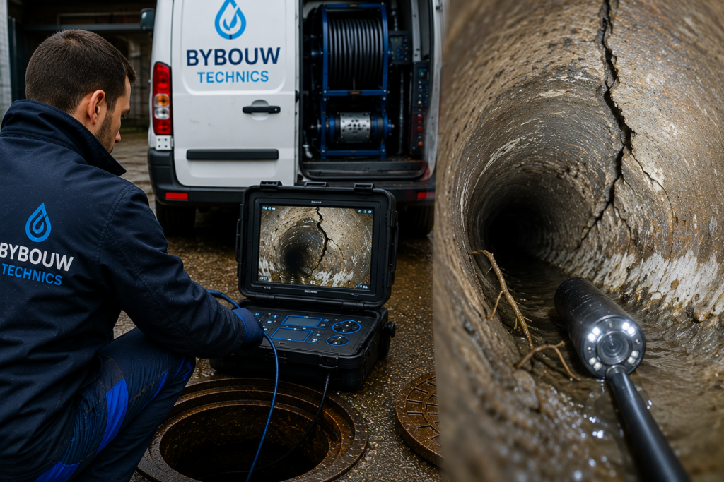 Technicien Bybouw Technics détectant une fissure dans une canalisation grâce à une caméra professionnel d'inspection haute définition.