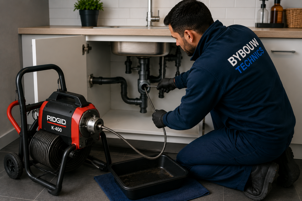 Technicien Bybouw Technics utilisant une machine professionnelle de débouchage pour éliminer un bouchon dans une canalisation sous un évier de cuisine.
