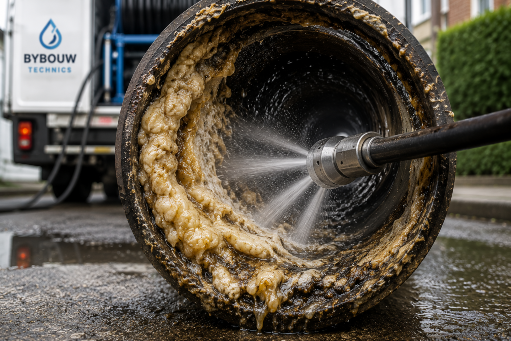 Accumulation de graisses dans une canalisation éliminée grâce à un curage haute pression réalisé par Bybouw Technics.