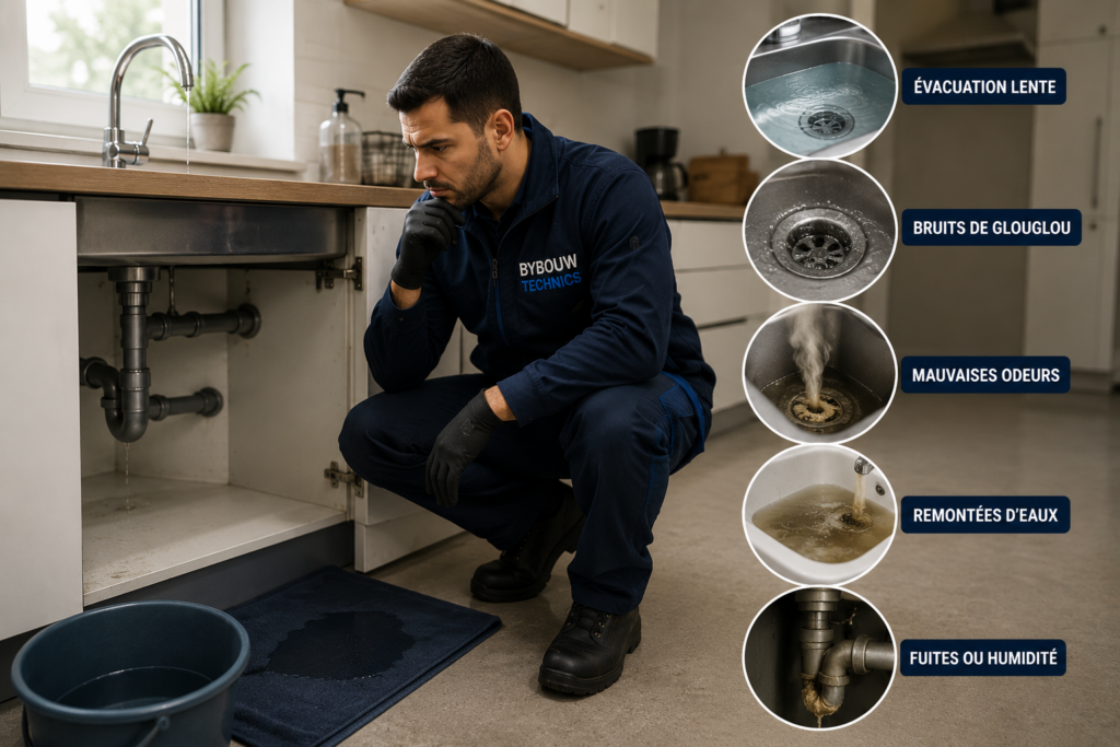 Technicien Bybouw Technics inspectant une canalisation sous un évier de cuisine présentant les premiers signes d'un bouchon, tels qu'une évacuation lente, des mauvaises odeurs et une fuite d'eau.