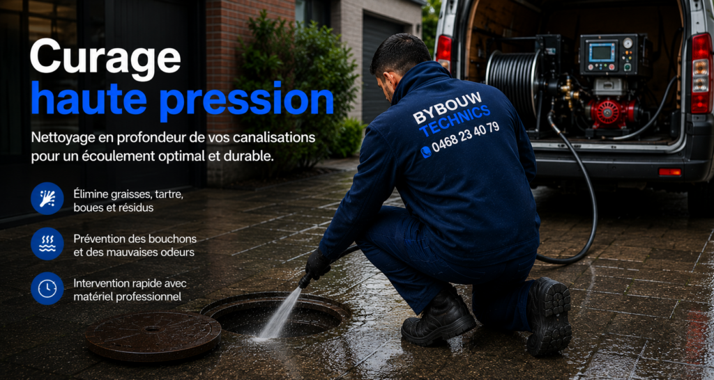 Technicien Bybouw Technics réalisant un curage haute pression d'une canalisation extérieure avec un équipement professionnel monté dans une camionnette d'intervention.