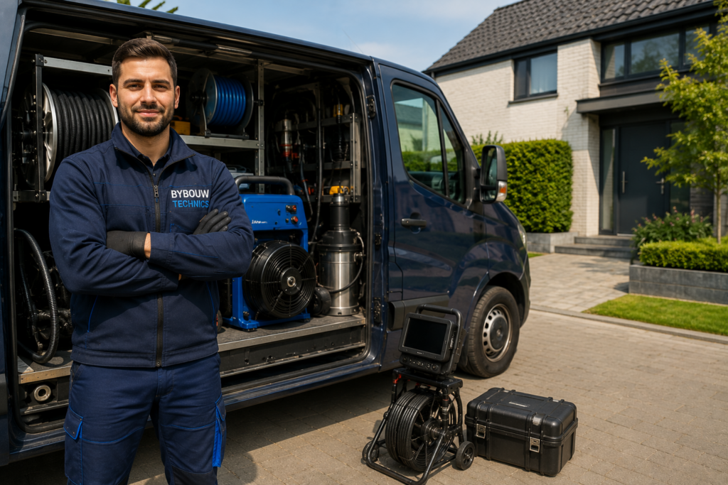 Technicien Bybouw Technics devant son véhicule d'intervention équipé de matériel professionnel pour le débouchage de canalisations à Bruxelles, Halle et dans le Brabant flamand.