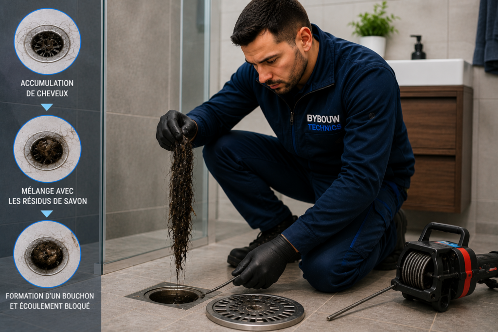 Technicien Bybouw Technics retirant une importante accumulation de cheveux d'une évacuation de douche, illustrant la formation progressive d'un bouchon dans une canalisation.