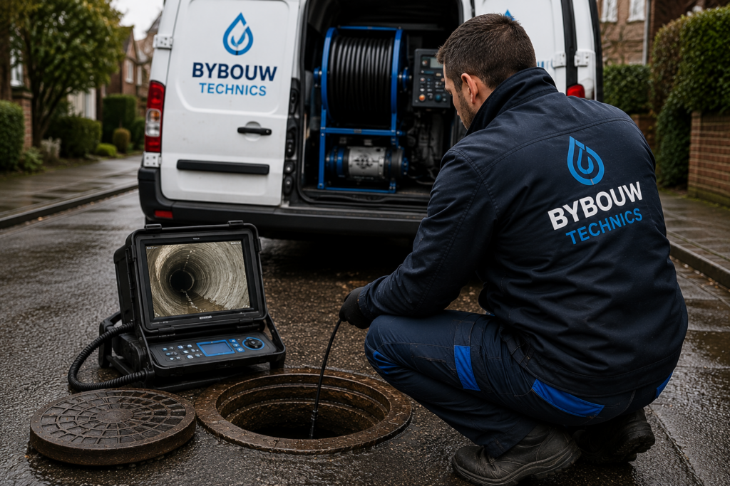 Technicien Bybouw Technics réalisant une inspection caméra dans une canalisation pour identifier un bouchon, une fissure ou des racines.