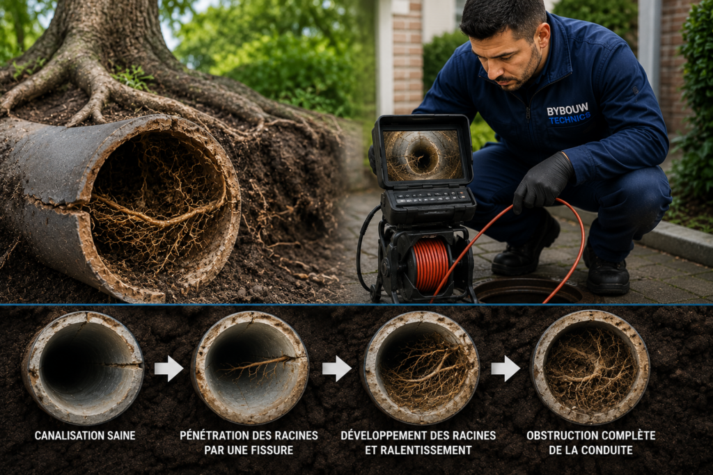 Racines d'arbre pénétrant dans une canalisation fissurée et technicien Bybouw Technics réalisant une inspection caméra pour localiser l'obstruction.