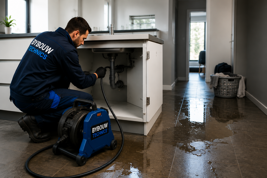 Technicien Bybouw Technics réalisant un débouchage de canalisation sous un évier de cuisine afin d'éviter un dégât des eaux et de rétablir une évacuation normale.
