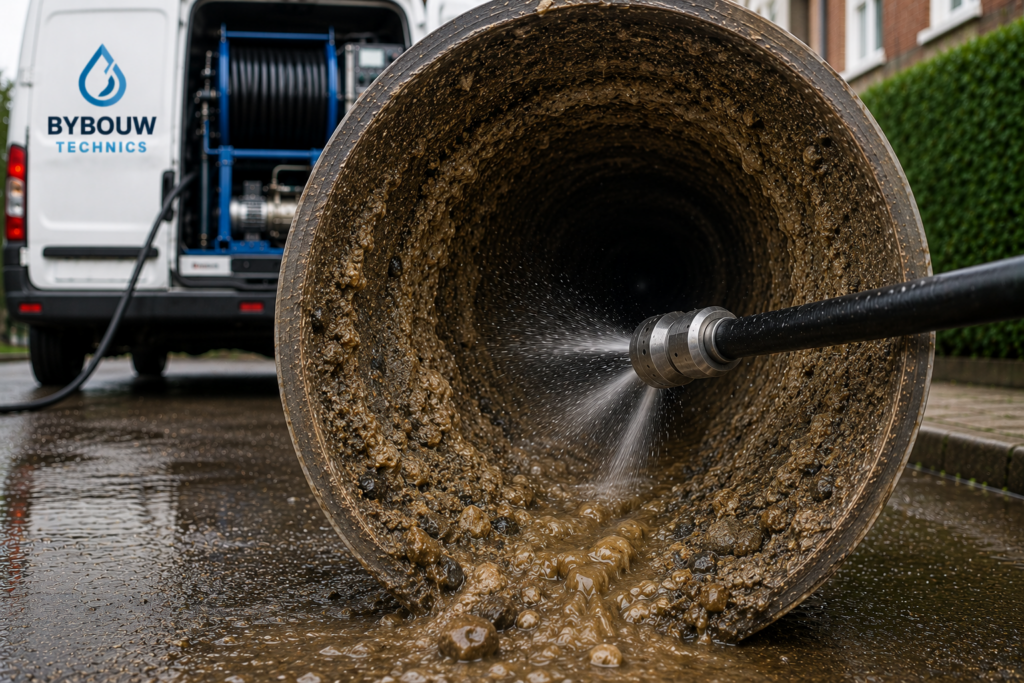 Boues, sable et sédiments accumulés dans une canalisation éliminés par curage haute pression réalisé par Bybouw Technics.