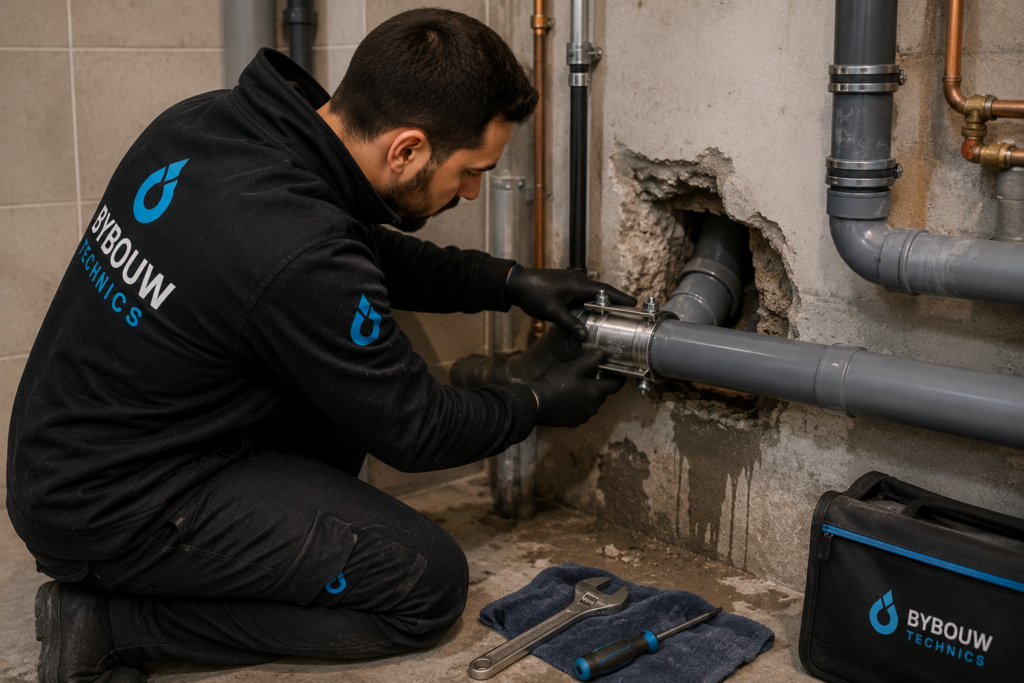 Technicien Bybouw Technics réparant une canalisation endommagée à l'intérieur d'une habitation à l'aide d'un collier de réparation professionnel.