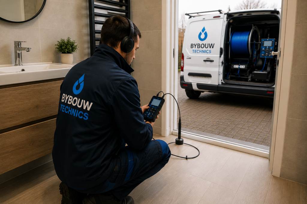 Technicien Bybouw Technics réalisant une détection de fuite avec un détecteur acoustique professionnel dans une habitation afin de localiser précisément une fuite d'eau.