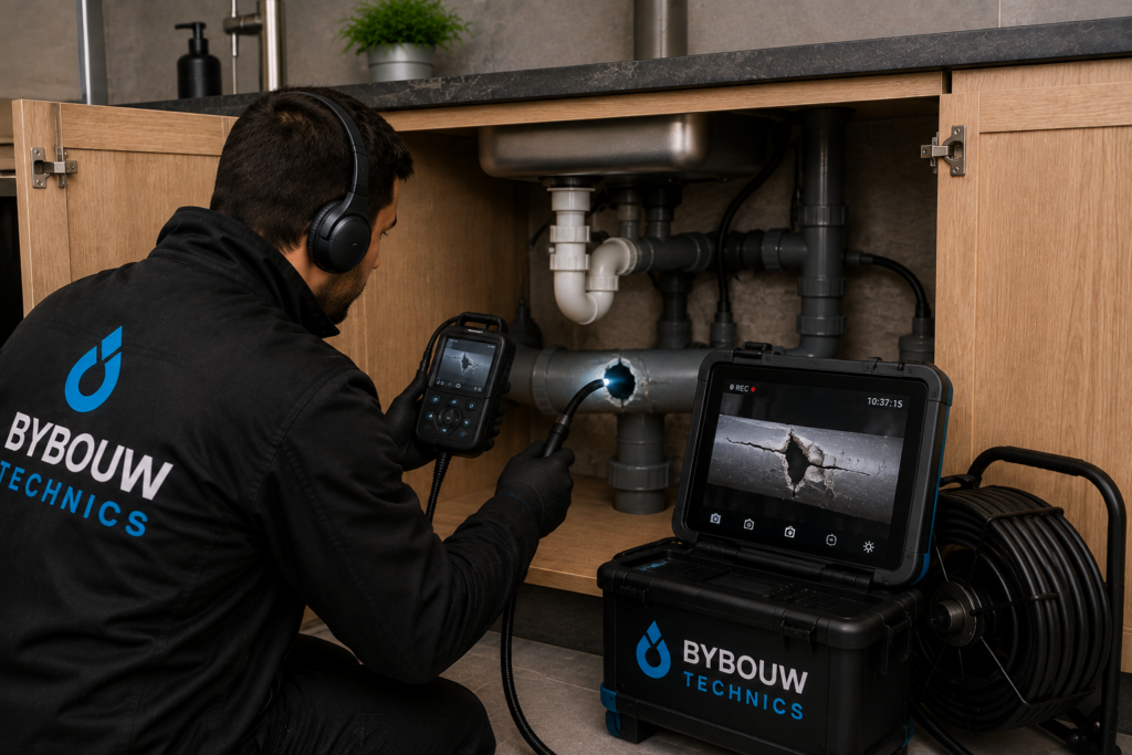 Technicien Bybouw Technics inspectant une canalisation fissurée sous un évier à l'aide d'une caméra afin de détecter une fuite de gaz et l'origine de mauvaises odeurs.
