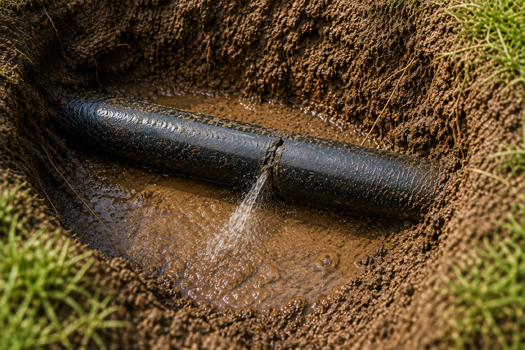 Canalisation extérieure enterrée présentant une fuite d'eau visible dans une tranchée, illustrant une fuite souterraine détectable sans destruction inutile.
