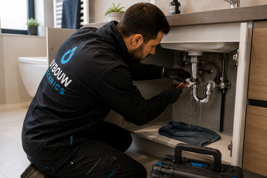 Technicien Bybouw Technics réparant une fuite d'eau sous un meuble de salle de bain à l'aide d'un outillage professionnel.