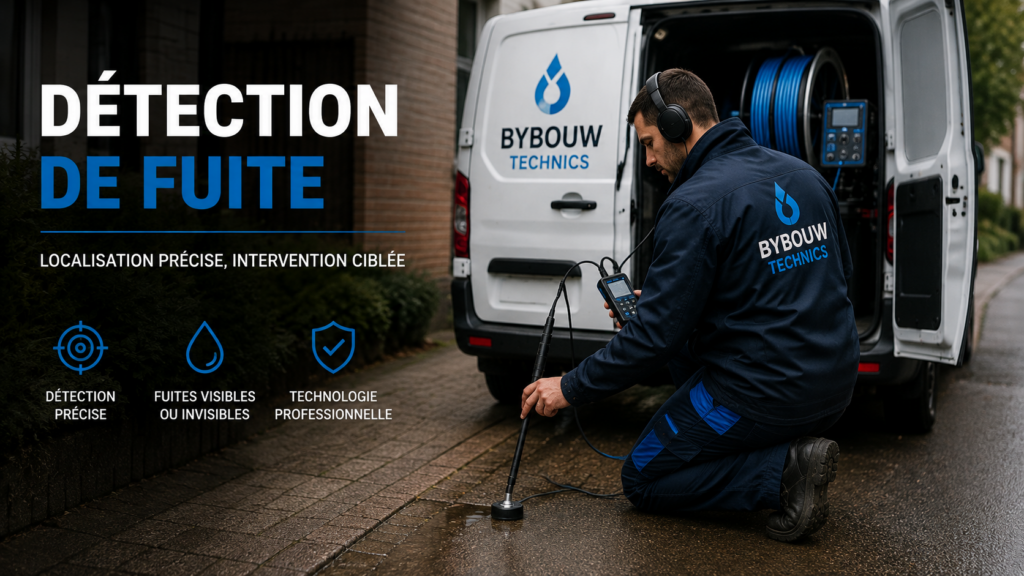 Technicien Bybouw Technics réalisant une détection de fuite avec un détecteur acoustique professionnel devant une camionnette équipée.