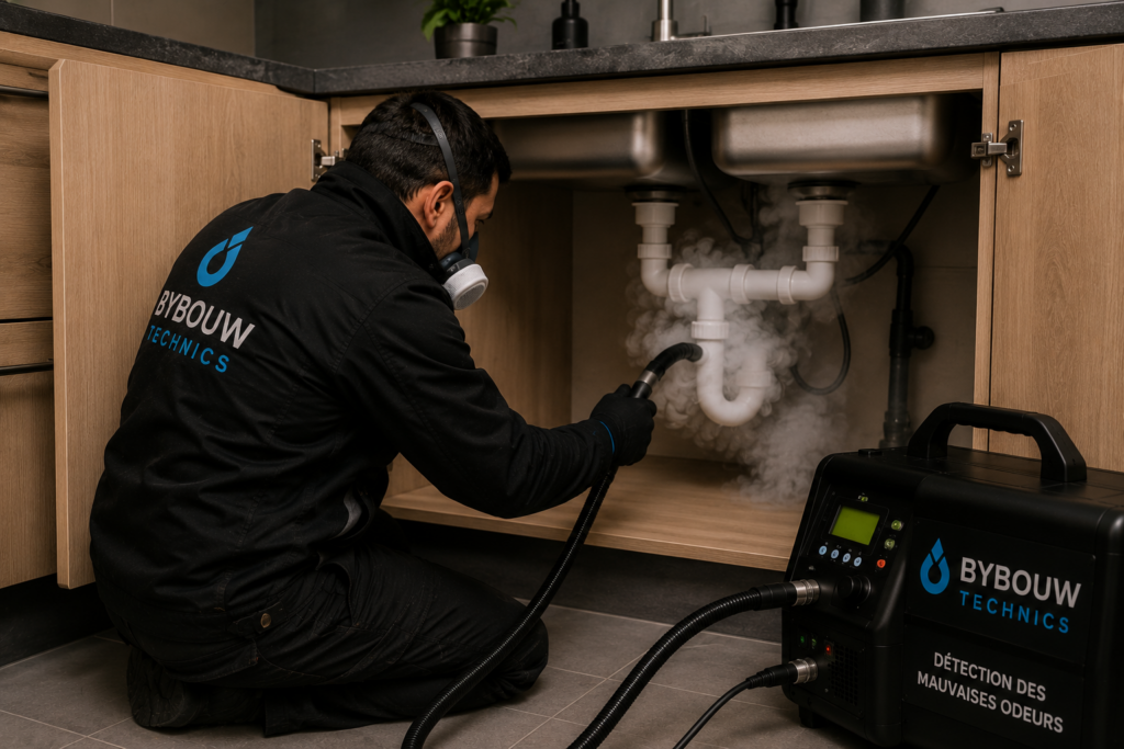Technicien Bybouw Technics inspectant le siphon d'un évier de cuisine afin de détecter l'origine de mauvaises odeurs provenant des canalisations.