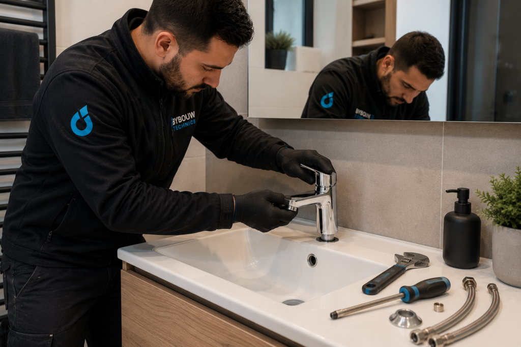 Technicien Bybouw Technics remplaçant un mitigeur de lavabo dans une salle de bain moderne avec un outillage professionnel.