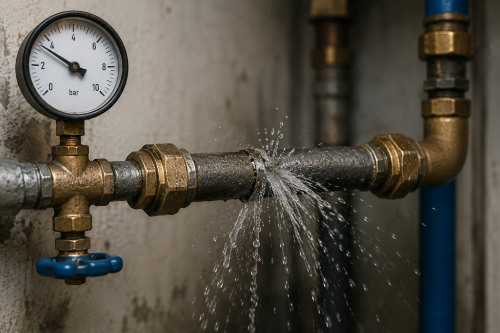 Canalisation d'alimentation en eau présentant une fuite avec une baisse de pression visible sur le manomètre, illustrant un défaut du réseau d'alimentation.Canalisation d'alimentation en eau présentant une fuite avec une baisse de pression visible sur le manomètre, illustrant un défaut du réseau d'alimentation.