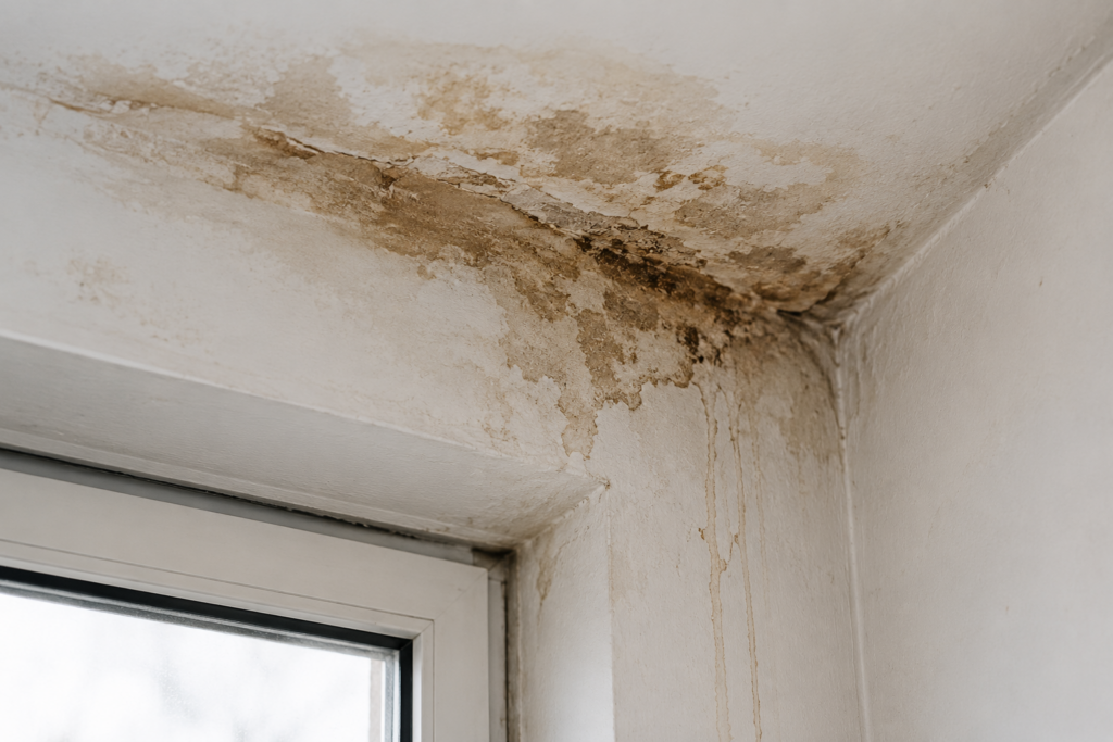 Infiltration d'eau visible sur un plafond et un mur avec traces d'humidité, illustrant une fuite nécessitant une recherche précise.