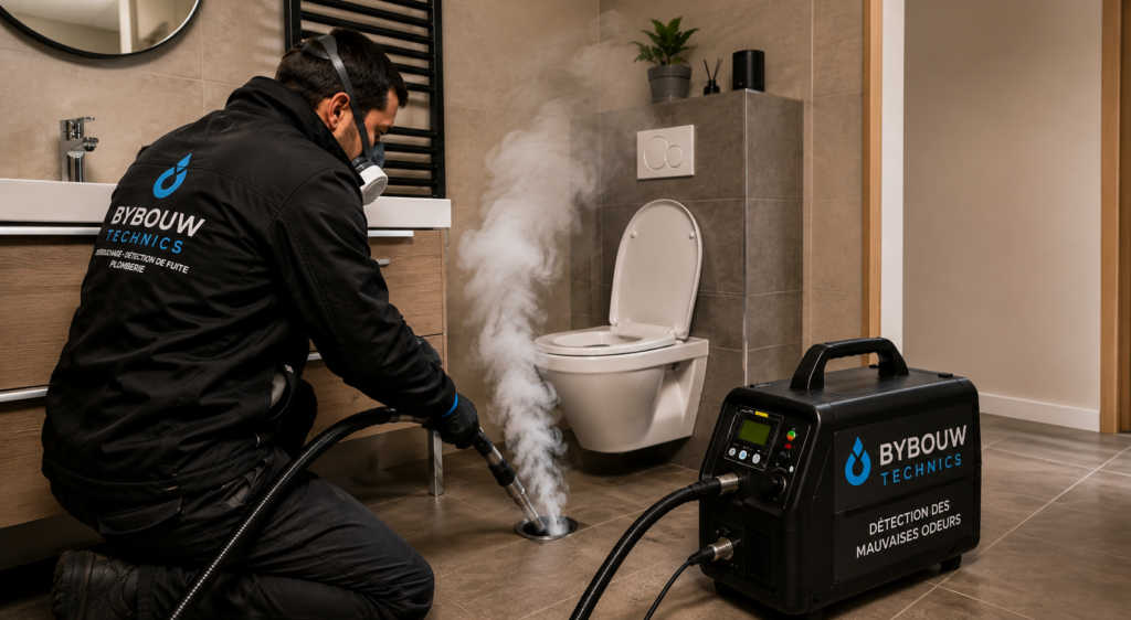 Technicien Bybouw Technics réalisant une détection des mauvaises odeurs par fumigation dans une salle de bain afin de localiser l'origine d'une odeur d'égout.